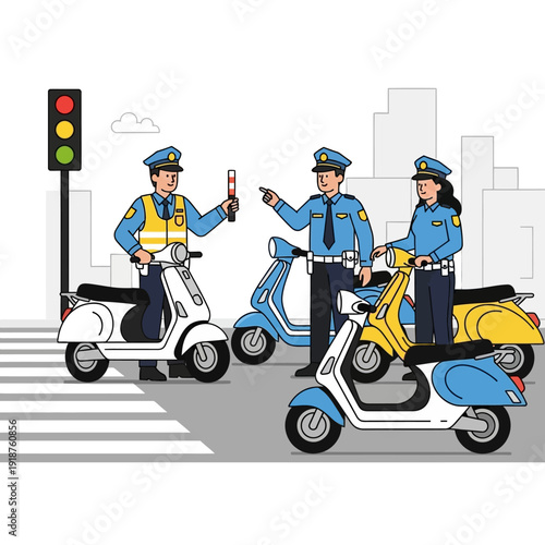 Traffic Police Officers Directing Traffic on Scooters at City Crosswalk