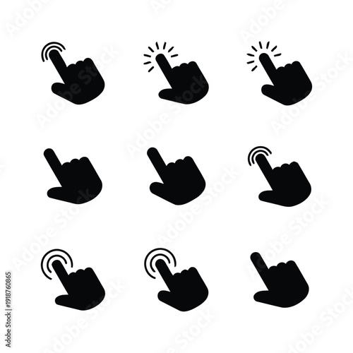 Collection of black hand cursor icons for web design and user interface elements