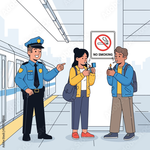 Police officer stops teens smoking near no smoking sign at train station