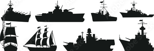 Ship silhouette collection with military warships and sailing vessels, maritime transport and naval fleet set, isolated black vector illustration design