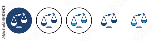 Collection of balanced scale icons representing justice and law in various styles