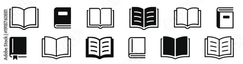 Collection of book icons showing different open and closed books in black and white