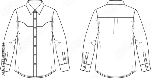 Technical, fashion, sketch, of, a, long, sleeve, western, shirt, with, yoke, details, cad, drawing, flat, vector, illustration, isolated, white, background.