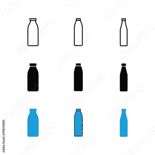 Collection of bottle icons simple outline solid black and blue colors on white background