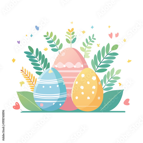 Vibrant Easter eggs surrounded by leaves and festive decorations in a joyful illustration
