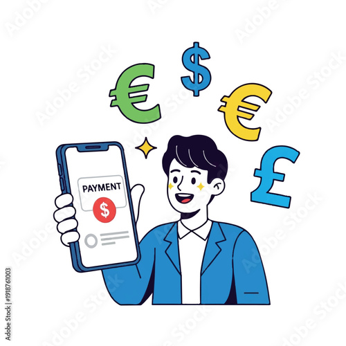Illustration of a smiling man holding a smartphone with a payment screen and surrounded by currency symbols in a colorful flat design.