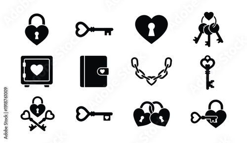 Collection of black romantic icons for valentines day, love and security themes