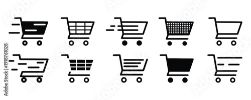 Collection of black shopping cart icons for e-commerce and retail