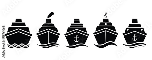 Collection of black silhouette cruise ship icons with ocean waves