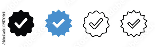 Collection of check mark verification badges in solid and outline styles