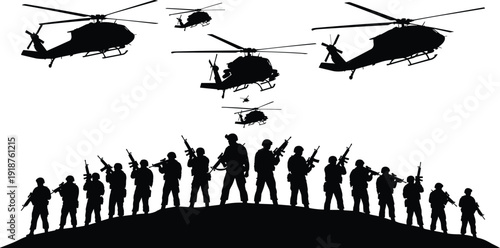 Military helicopters flying over infantry squad silhouettes on hill, army combat operation, war zone scene, cad drawing flat vector illustration.