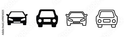 Collection of car front view icons in solid and outline styles for transportation themes