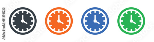 Collection of clock icons in dark gray orange blue and green colors flat design