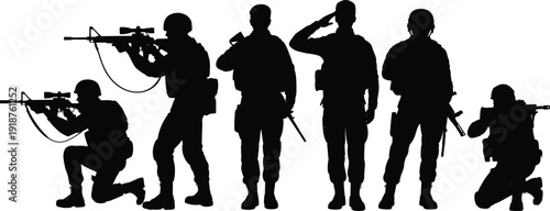 Silhouette soldiers in tactical poses, military men with rifles, saluting, kneeling, standing, combat gear illustration, army vector graphic design