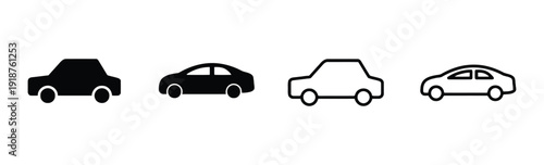 Collection of car icons showing vehicle silhouettes solid black and outline styles for transportation theme