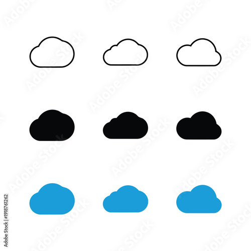 Collection of cloud icons in various styles and blue color for weather and technology