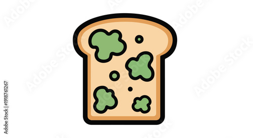 A cartoon slice of bread with green mold spots on a plain white background, depicted in a simple graphic style with bold outlines and vibrant colors.