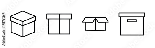 Collection of cardboard box icons showing different types and open state packaging and delivery concept