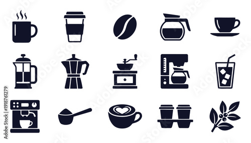 Collection of coffee related icons on white background, vector illustration