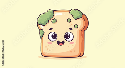 Cartoon slice of bread with mold on it against a pale yellow background, conveying a playful mood with a close-up view.