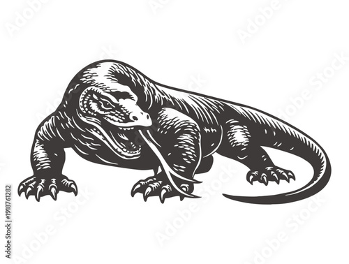 Powerful Komodo dragon crawling forward with its long tongue flicking.
