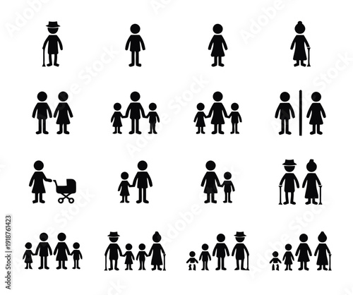 Collection of diverse family and people icons representing different relationships and ages