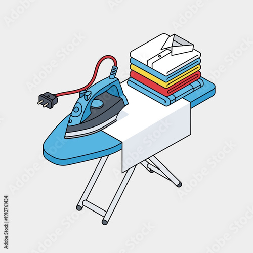 Ironing board with iron and stack of neatly folded clothes.