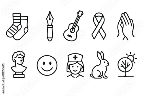 Collection of diverse flat icons representing various concepts like healthcare, music, and communication