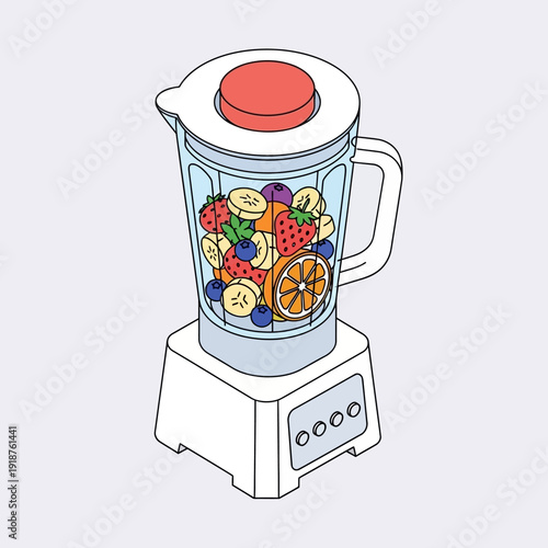 Illustration of a blender filled with various fruits and berries.