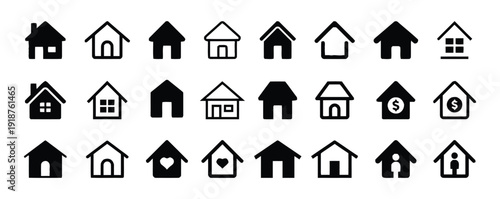 Collection of diverse house icons representing different architectural styles and home features