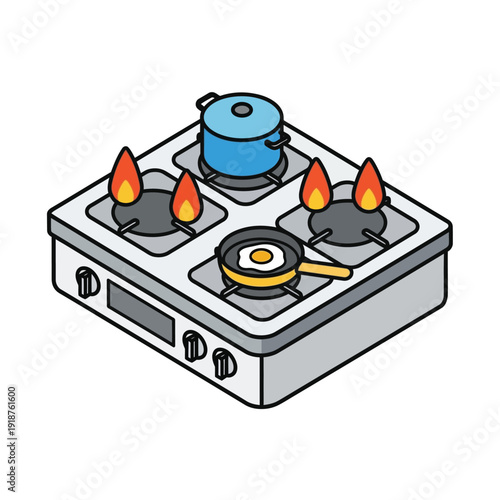 Illustration of a gas stove with cooking pots and pans on burners.