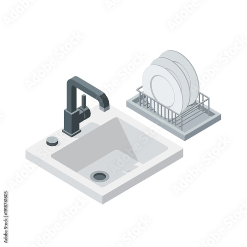 Isometric kitchen sink with faucet and dish rack holding clean plates.