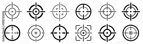 Collection of crosshair icons for targeting and aiming in games or shooting simulators