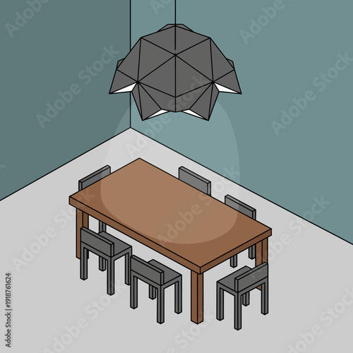 Modern dining room with geometric chandelier and wooden table.