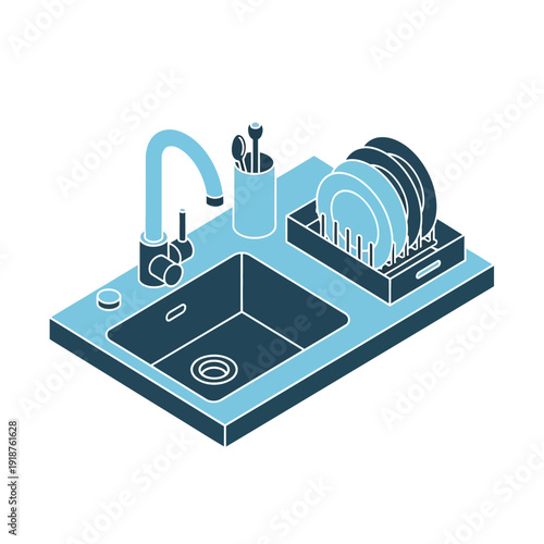 Isometric kitchen sink with faucet and dishes.