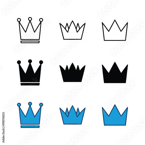 Collection of crown icons in outline solid and blue color variations for graphic design
