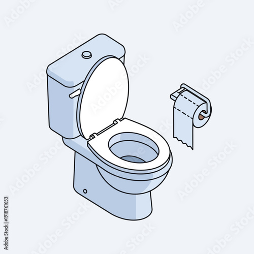 Simple line drawing of a toilet with the lid up and toilet paper.