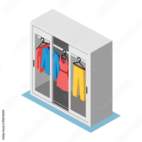 Modern sliding wardrobe with colorful clothes hanging inside.