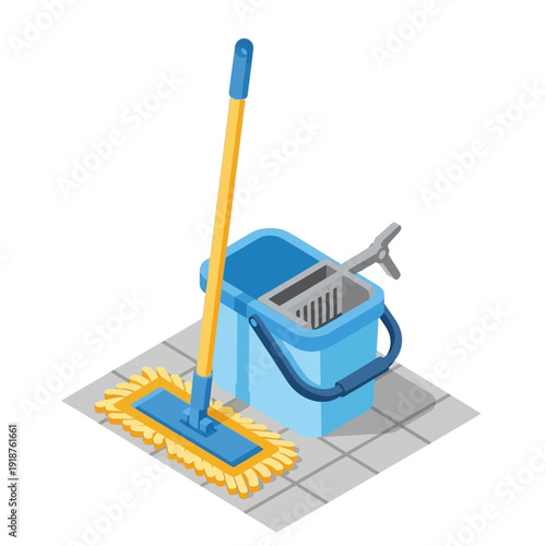 Cleaning supplies with mop and bucket on a tiled floor.