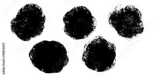 Set editable circle grunge vector for alternative album covers and streetwear. Ideal for symbolizing rebellious energy, urban textures, and distressed industrial backgrounds.