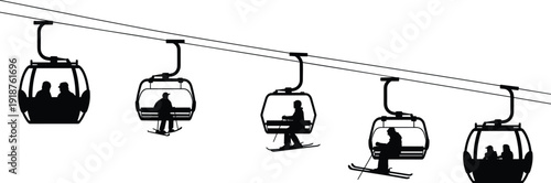 Ski lift and gondola silhouettes, winter mountain resort cable car with skiers, alpine sports travel concept, black vector isolated on white