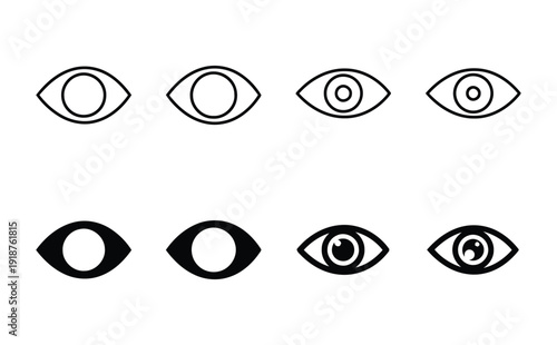 Collection of eye icons in outline and filled versions representing vision and perception