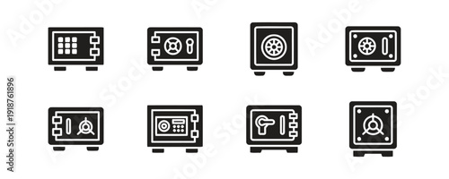 Collection of filled and outline safe icons for security and storage