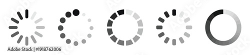 Collection of five loading indicators and progress spinners in grayscale for web and application interfaces