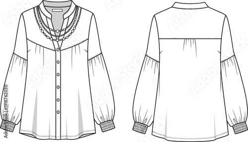 Technical fashion flat sketch of a white button down blouse featuring a mandarin collar, beaded necklace detail, balloon sleeves, and smocked cuffs.