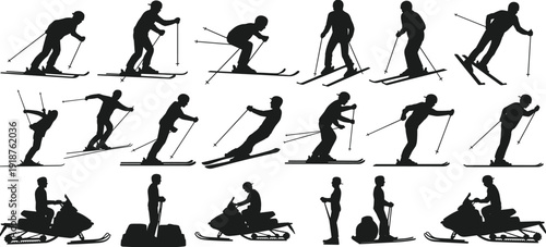 Skiing and snowmobile silhouette set, winter sport athletes isolated on white background, downhill skier and snowmobile vector illustration collection