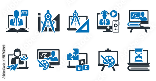 Collection of flat design education icons for online learning and school subjects