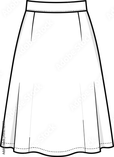 Technical fashion flat sketch of a white A line midi skirt featuring a high waistband, subtle dart details, and flared hemline, front.