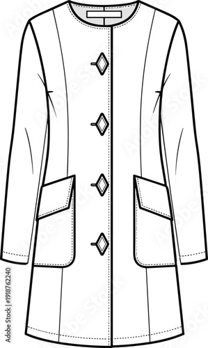 Technical fashion flat sketch of a white collarless coat featuring diamond buttons, long sleeves, front pockets, and structured seams shown in front.