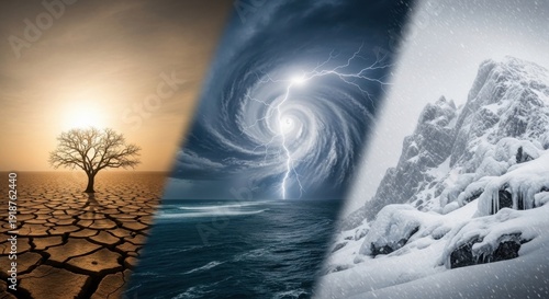 Dramatic depiction of climate change, weather, and icy mountains.